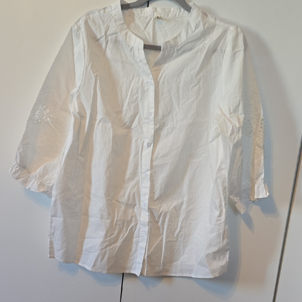 White Button-Up Blouse with Lace Sleeves